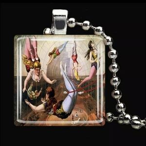 New Trapeze Acrobatics Circus Silver Glass Square Cabochon Necklace.